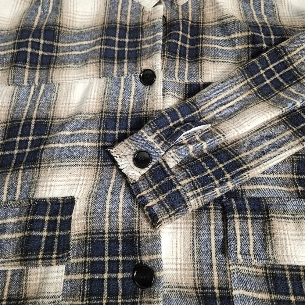 Stitch + Feather Plaid Oversized Shacket Jacket Women Blue‎ Tan White RN 149137